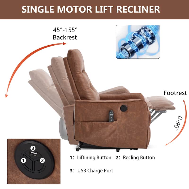 PU Leather Recliner with Single Motor Lift Massage Heat and 155 Degree Recline