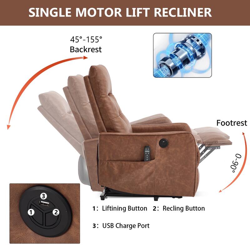 Power Lift Recliner Chair with Massage & Heat, PU Leather Single Motor Heavy Duty Recliner Chair, Lounge Chair with USB Port