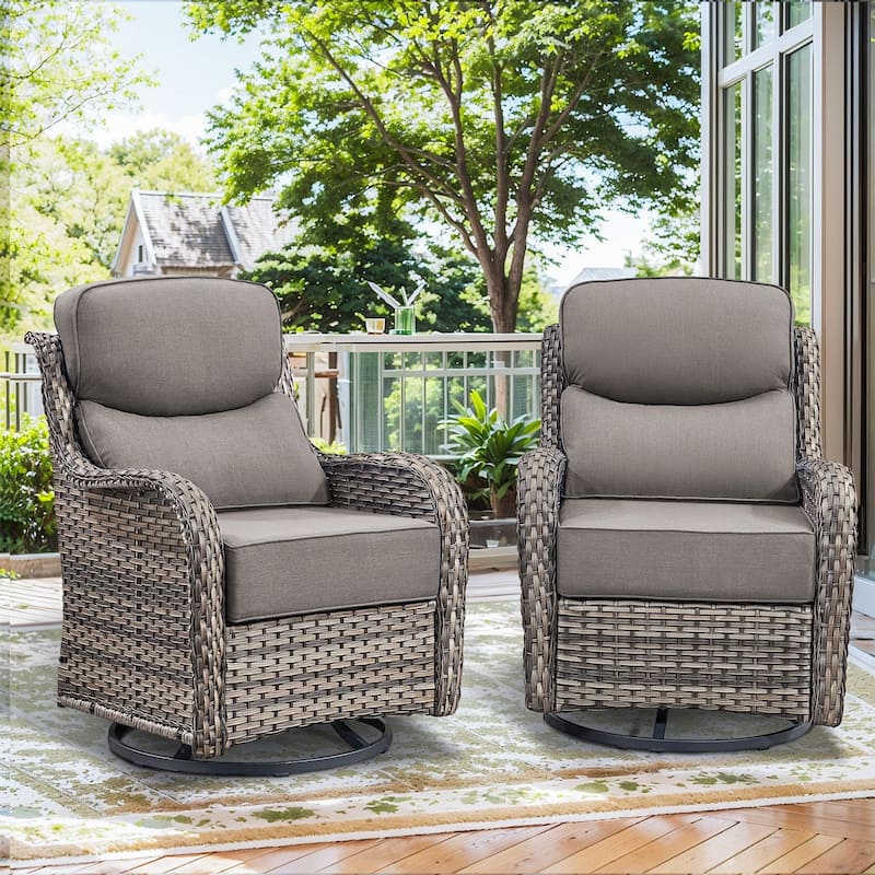 Outdoor Swivel Chairs with 6-Inch Thick Cushions for Garden - Grey Wicker Grey Cushion - 2PCS Swivel Chair