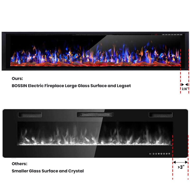BOSSIN Recessed Wall Mount Electric Fireplace - Ultra-Narrow Frame, Low Noise, Remote w/Timer, Adjustable Flame Color & Speed
