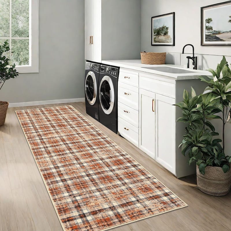 Garvee Earthy Plaid Soft Low Pile Foldable Area Rug