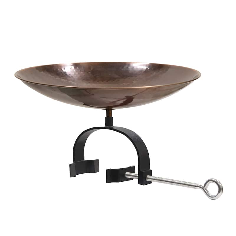 Achla Designs 15.75"L Round Burnt Copper Stainless Steel Birdbath w/ Wrought Iron Over Rail Bracket - Brown