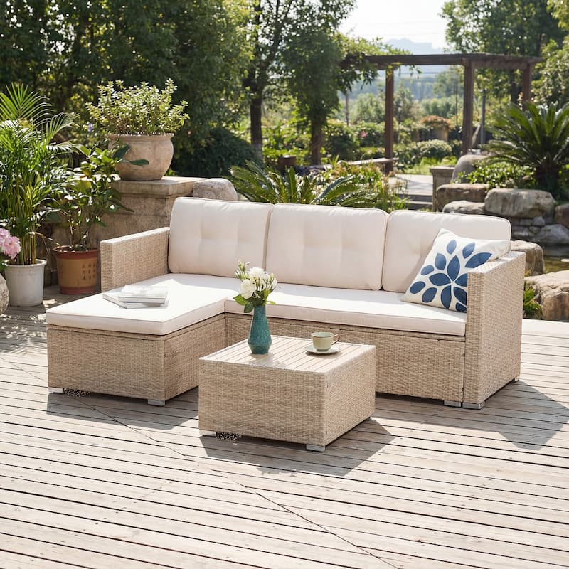 PE Wicker 3-piece Outdoor Sectional Set - Cream Beige