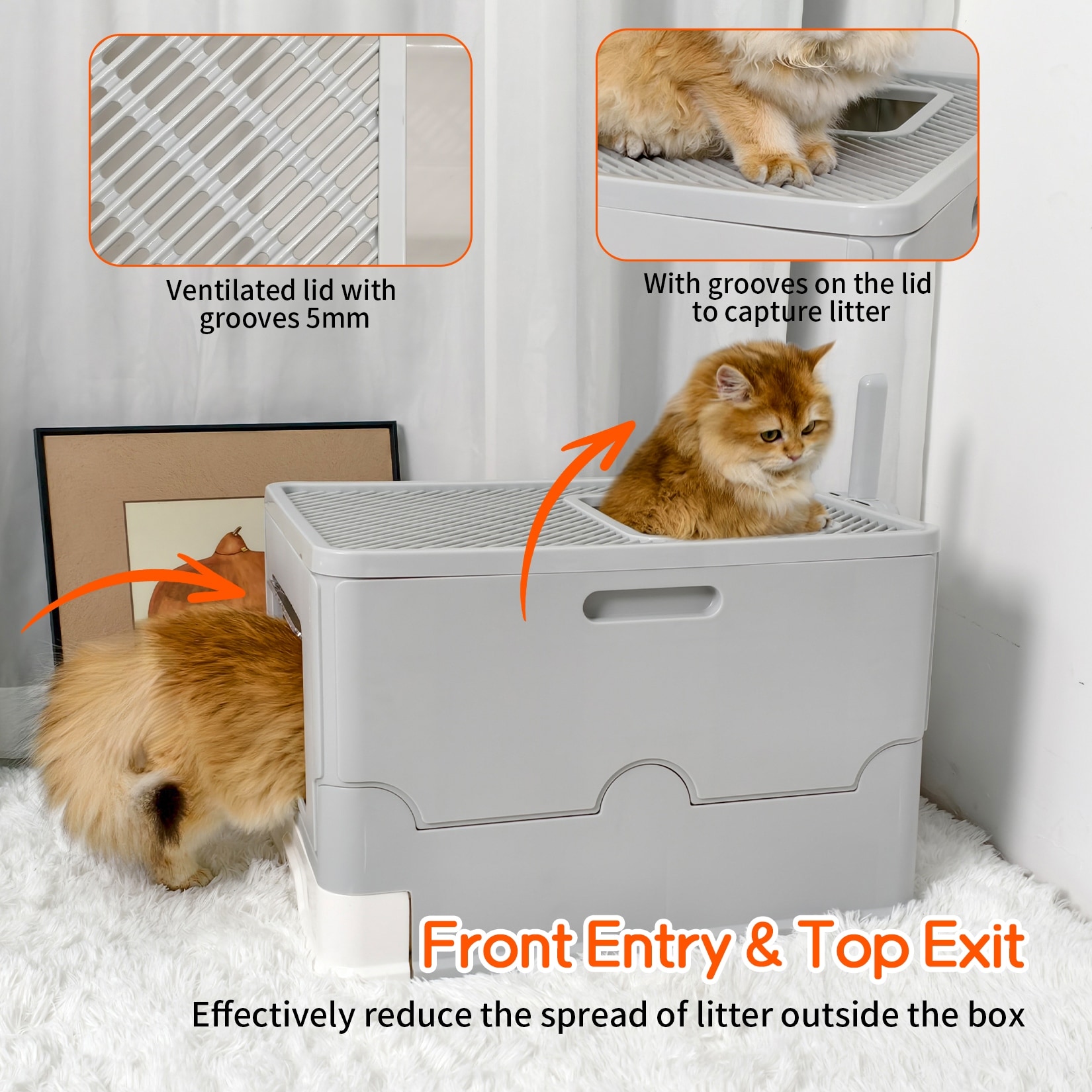 Foldable Cat Litter Box with Lid Large Cat Toilet Enclosed Drawer Type - Grey