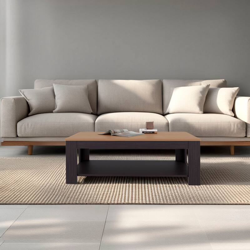 Modern Coffee Table with Shelf Two Tone Finish Compact Living Room Design - Natural+Black