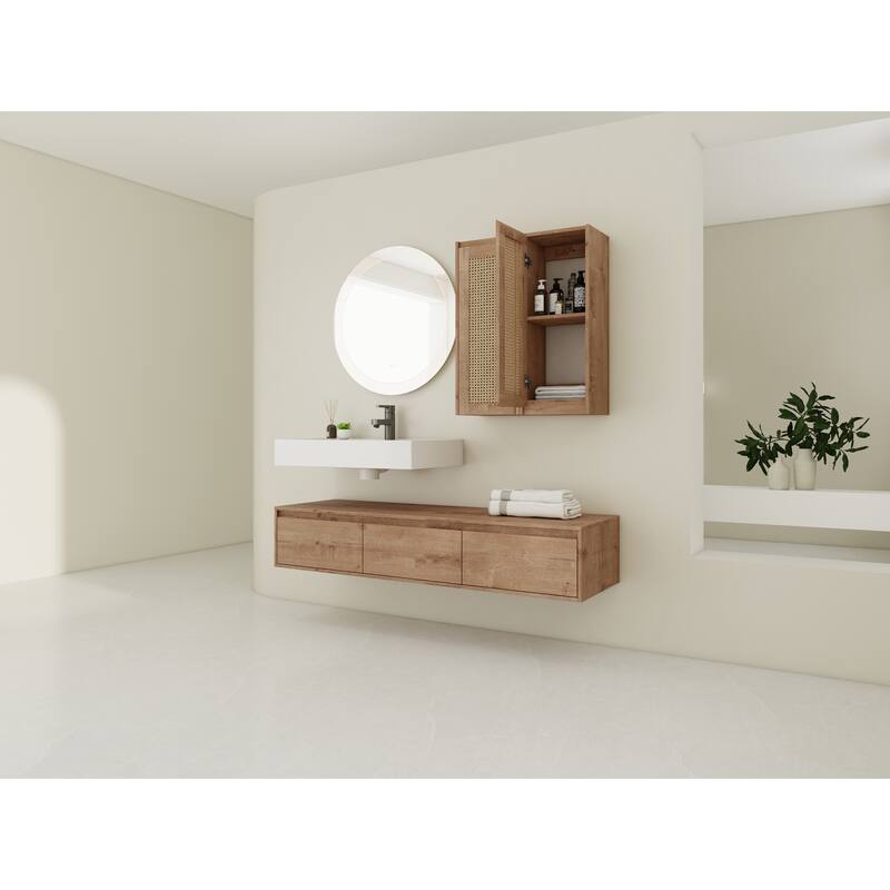 60 inch Wall-Mounted Bathroom Vanity with Resin Sink and 2-Side Cabinet, 3-Soft Close Drawer, Float Mounting Design