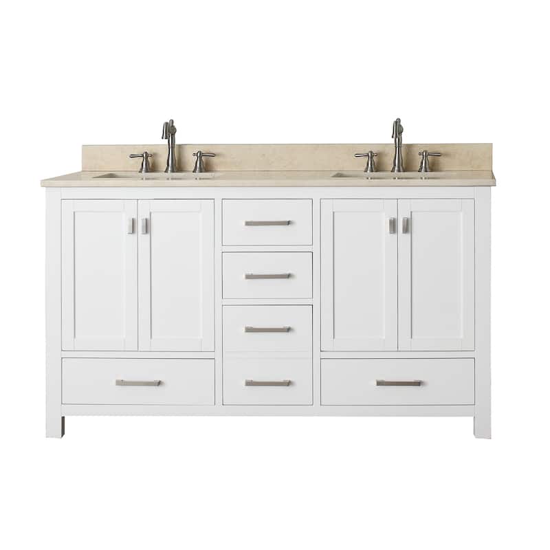 Modero 60 in. Double Sink Bathroom Vanity in White with Carrara Marble Top - 61"W x 22"D x 35"H