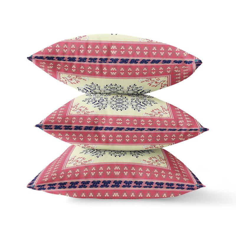 HomeRoots 16" X 16" Cream And Pink Blown Seam Floral Indoor Outdoor Throw Pillow - 16.00' X '5.00' X '16.00
