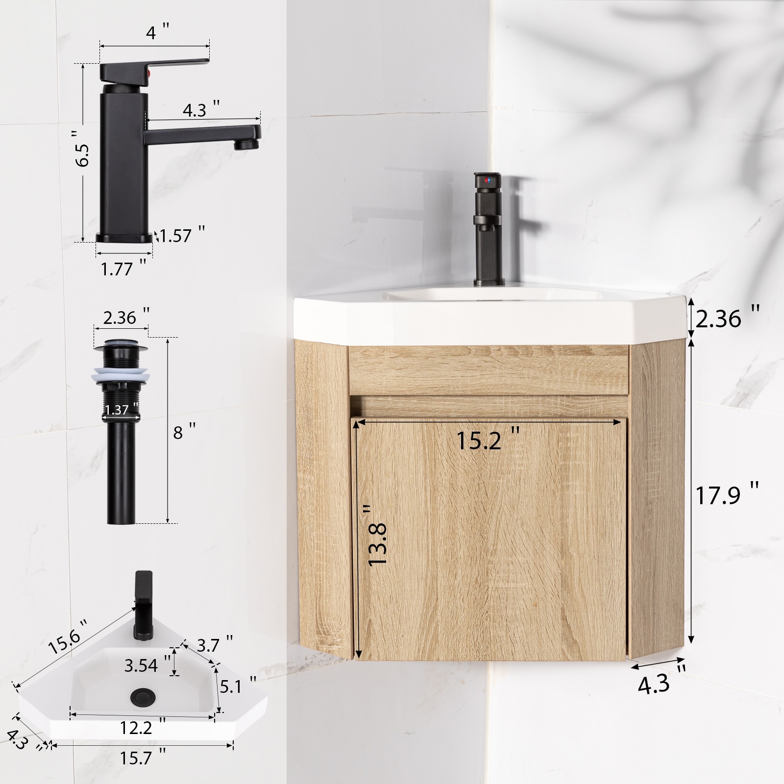 Wall Mounted Corner Bathroom Vanity Sink Combo for Small Space