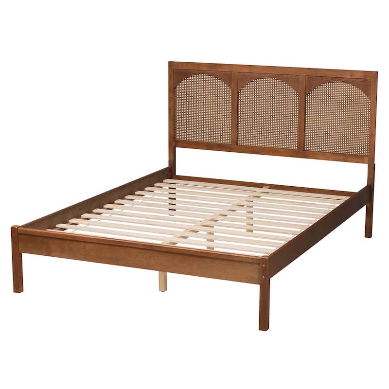 Ash Walnut Wood and Rattan King Platform Bed with Spacious Underbed Storage and Classic Geometric Headboard