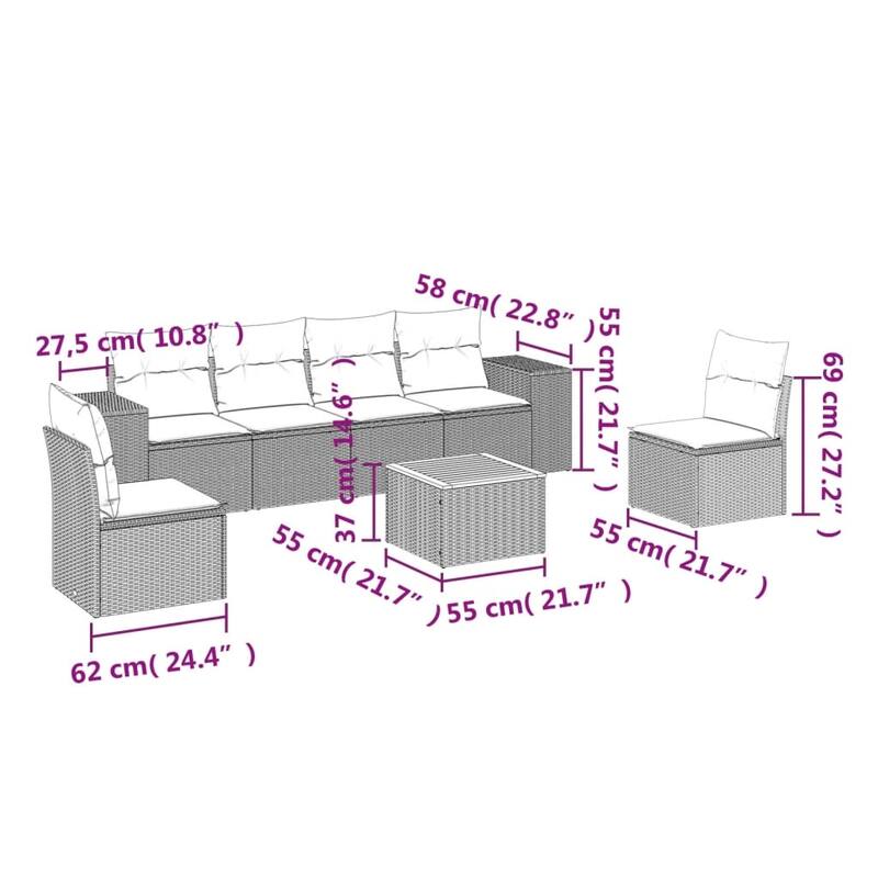 vidaXL Garden Sofa Set Black PE rattan 7 Piece Modular Garden Sofa Set - 21.7 x 21.7 x 14.6