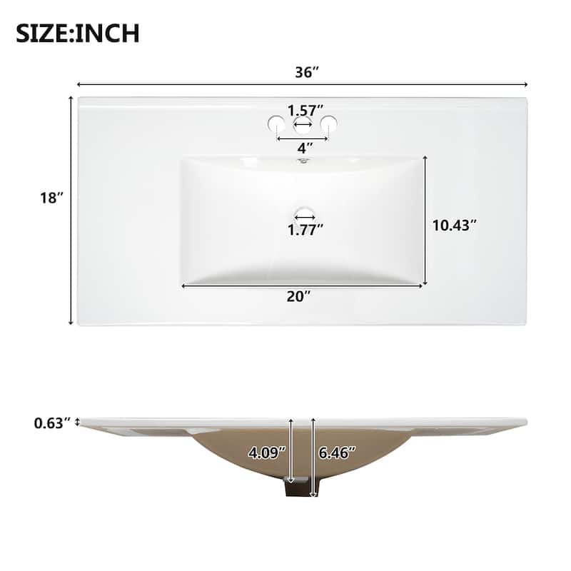 36" Shaker Style Bathroom Vanity with Ceramic Sink, Soft-Close Doors, 4 Drawers, Painted MDF Cabinet