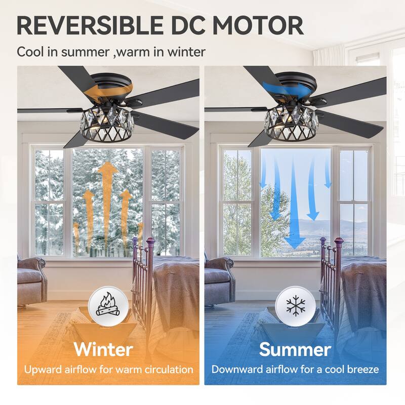 52" Flush Mount 5-Blade Modern Crystal Indoor Ceiling Fan with Light Kit and Remote
