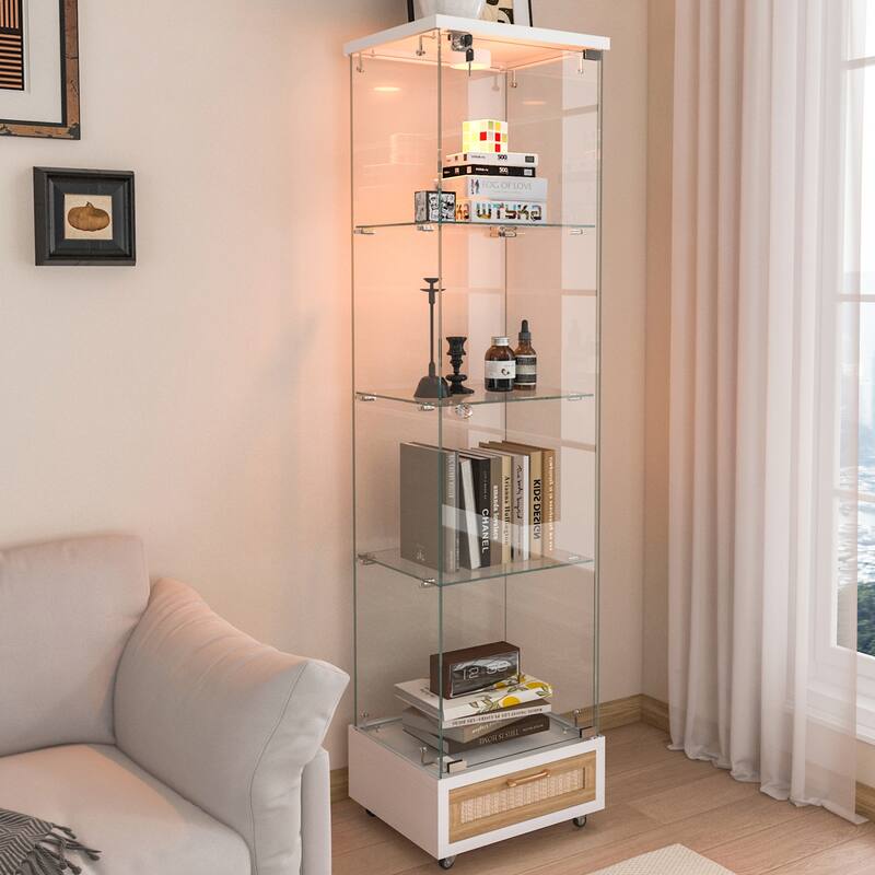 Glass Display Cabinet With Drawer,Cabinet With Led Lights,Tempered Glass Bookshelf, 1-Door Storage Case With 4 Shelves