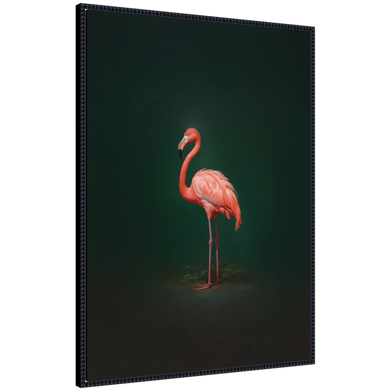 Kate and Laurel Flamingo Side View Rich Green Backdrop by The Creative Bunch Studio Framed Canvas Wall Art Print - 28 x 38 - Black