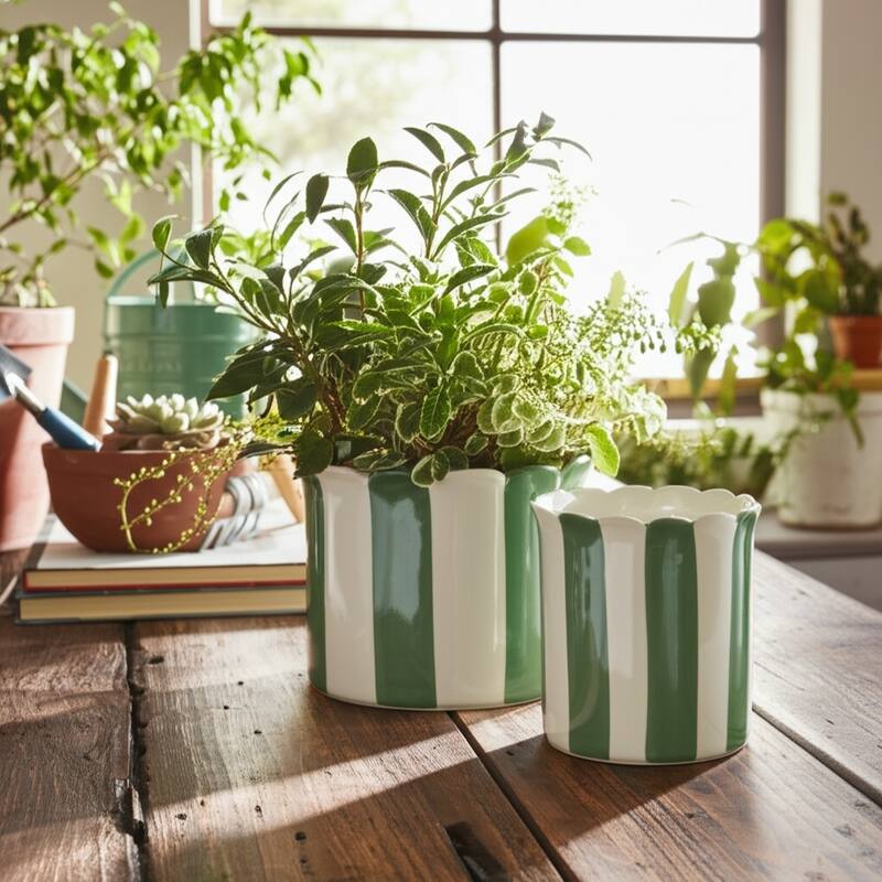 Ceramic Planter Scalloped Edge and Vertical Textured Design (Set of 2) - 8" x 8" x 7"