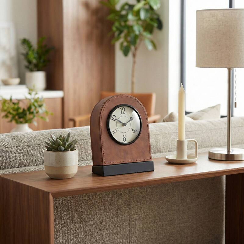 Decorative Faux Leather Tabletop Clock - 9", Brown & White - 8.25" - Brown - 8.25"