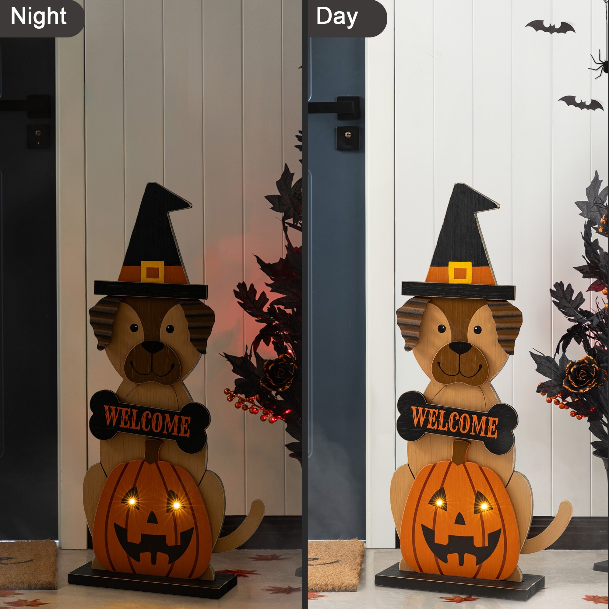 Glitzhome 30"H Halloween Wooden Lighted Witch Dog Porch Decor w/Timer