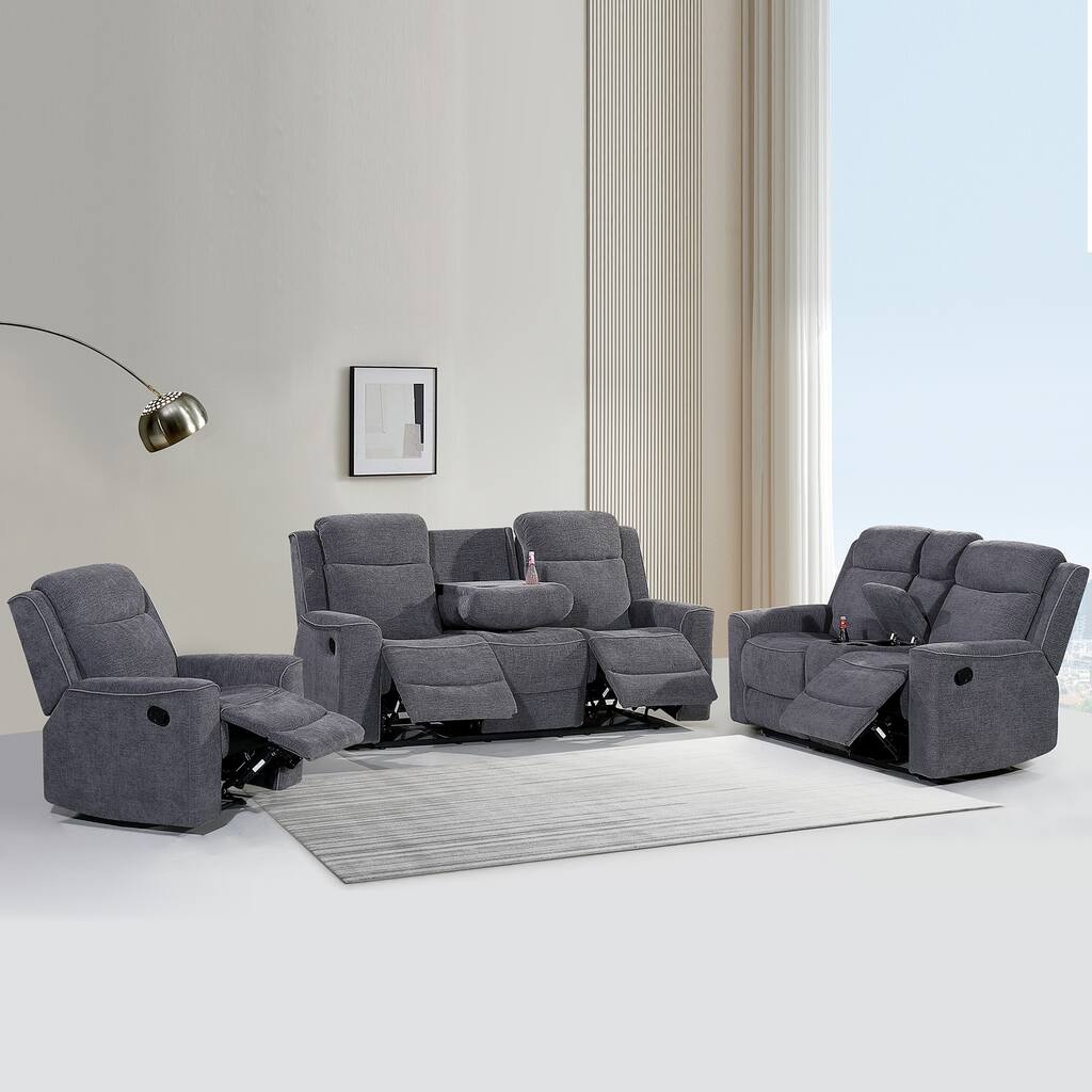 3PC Soft Microfiber Manual Reclining Sofa Set Sofa w/Dropdown Table Loveseat with Bluetooth Speaker and Type-C Charger