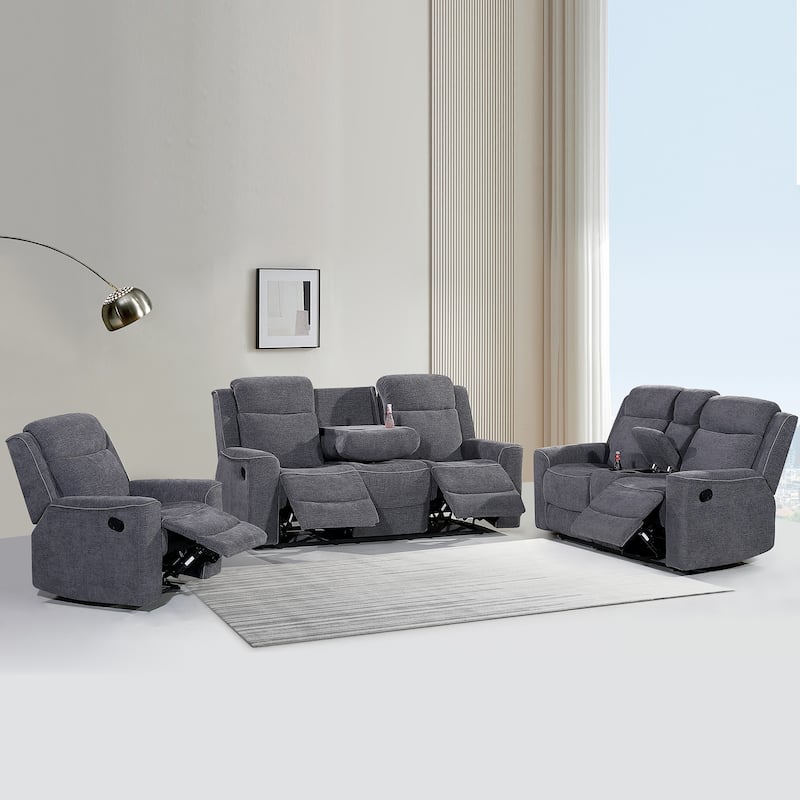 3PC Soft Microfiber Manual Reclining Sofa Set Sofa w/Dropdown Table Loveseat with Bluetooth Speaker and Type-C Charger - Charcoal