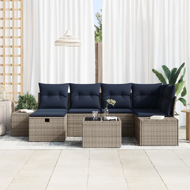vidaXL 6/7 Garden Sofa Set with Cushions Black/Brown/Grey Poly Rattan - 103.9 x 60.6 x 27.2