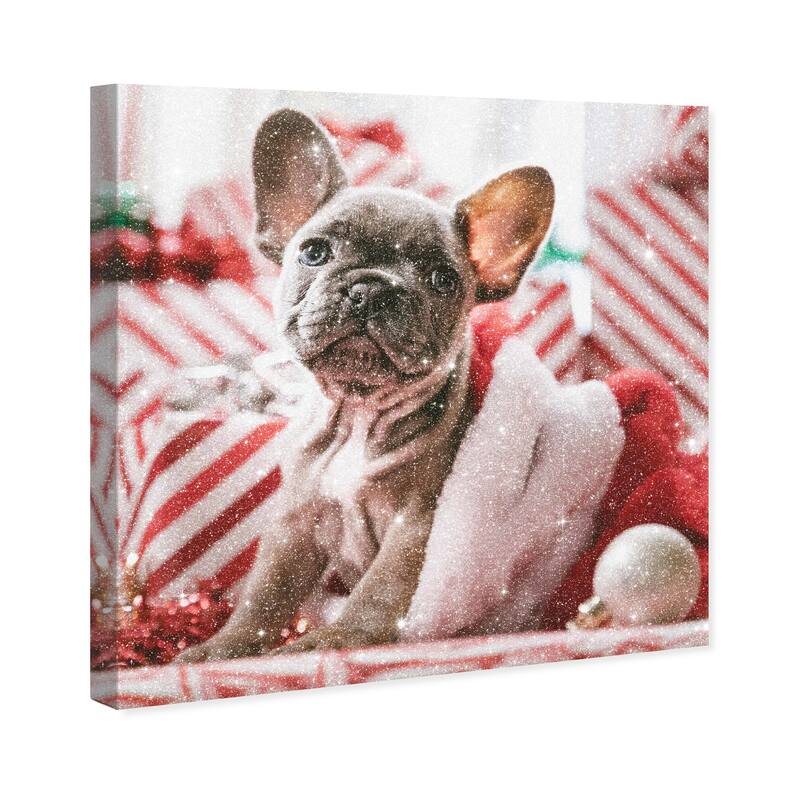 Wynwood Studio Canvas Holiday and Seasonal Puppy Christmas Morning White and Glam Wall Art Canvas Print