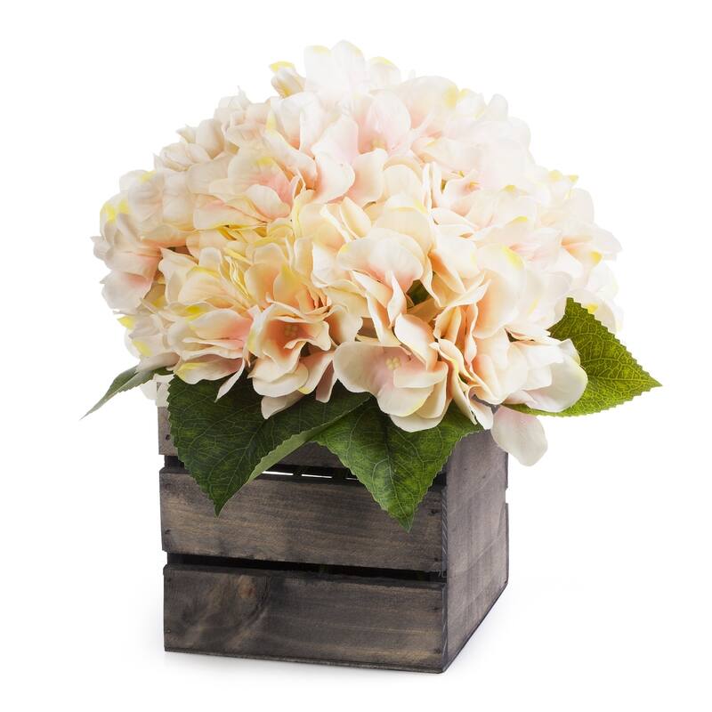Enova Home Artificial Silk Hydrangea Fake Flowers Arrangement in Wood Planter for Home Office Wedding Decoration - Peach
