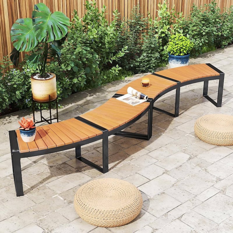 Natural Black Acacia Wood Metal Curved Backless Outdoor Garden Bench - 23"D x 57.5"W x 18"H