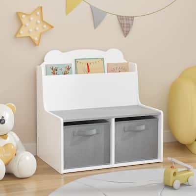 Kids Bookshelf With Storage Bins-Wooden Bookcase With Book Display Shelf And 2 Fabric Bins,Cute Bear-Shaped Backboard