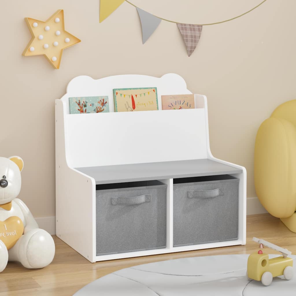Kids Bookshelf with Storage Bins Wooden Bookcase with Book Display 2 Fabric Bins Bear Shaped Backboard Toy Organizer White Gray