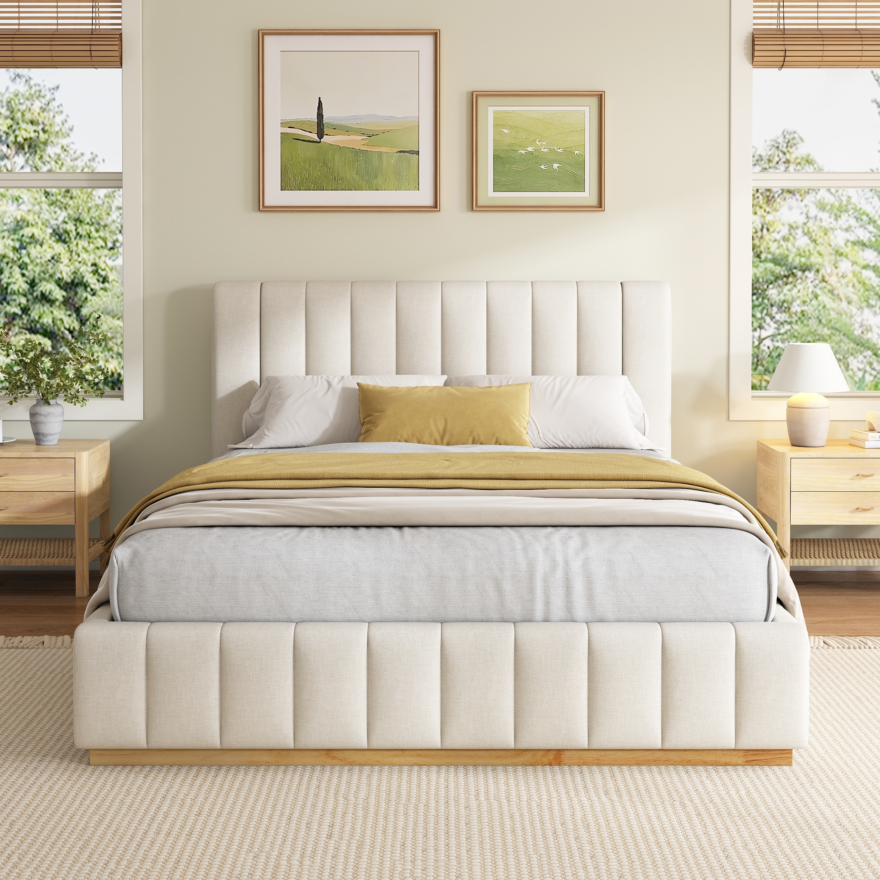 Christopher Knight Home - Modern Minimalist Upholstered Wood Bed with Striped Headboard