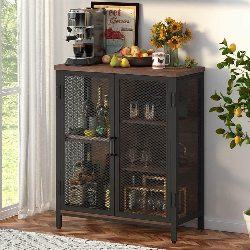 Farmhouse Coffee Bar Cabinet - 13.39"D x 29.53"W x 36"H - Rustic Oak two doors