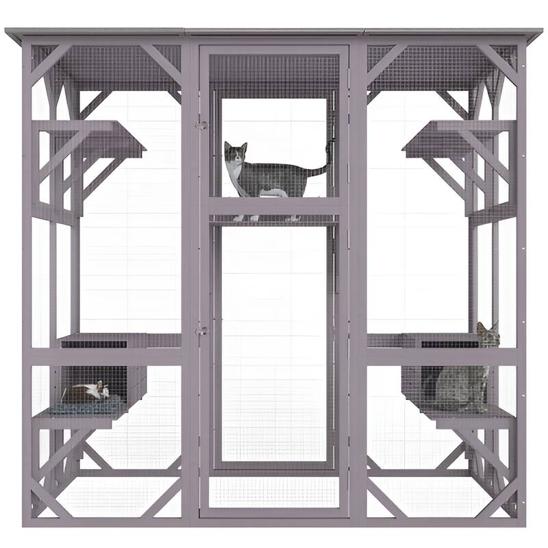 Gray Fir Wood Mesh Catio with 3 Tiers, 1 Door & Waterproof Roof