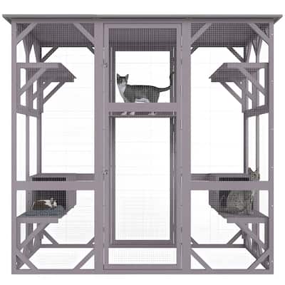 Gray Fir Wood Mesh Catio with 3 Tiers, 1 Door & Waterproof Roof