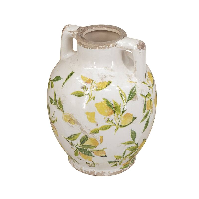 6.7x6.7x8.7" White Ceramic Vase with Yellow Lemon Motif and Small Handles