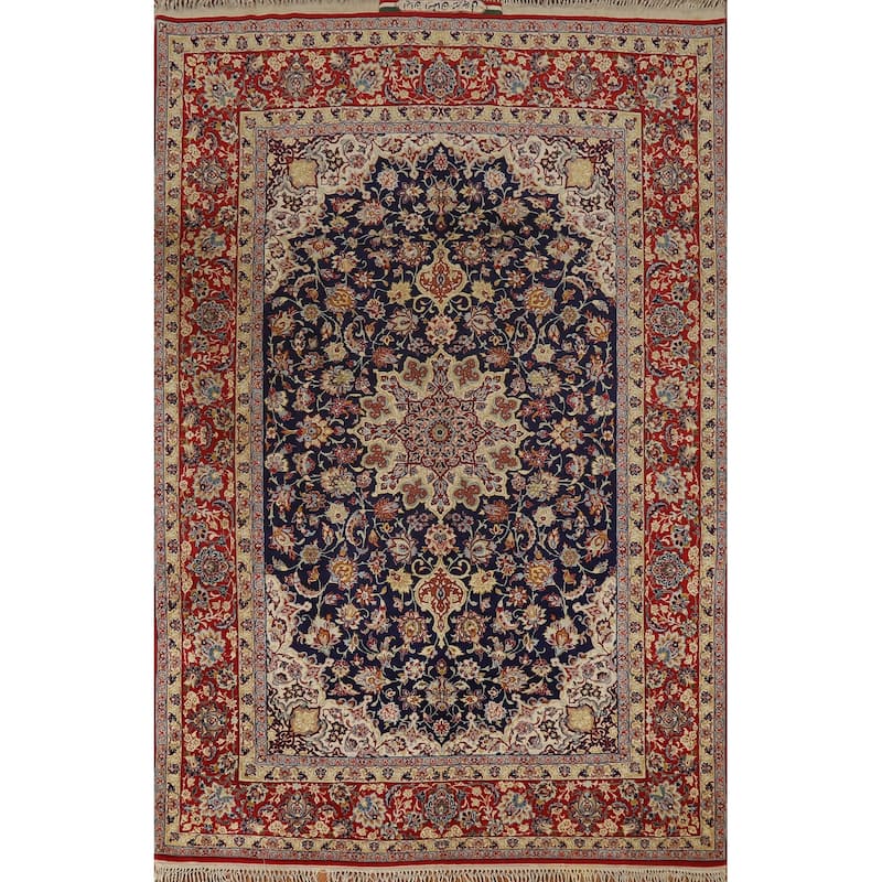 Hand Knotted Oriental 100% Wool Carpet Traditional Floral Navy Blue & Blues Isfahan Area Rug - 7' 5'' X 4' 9''
