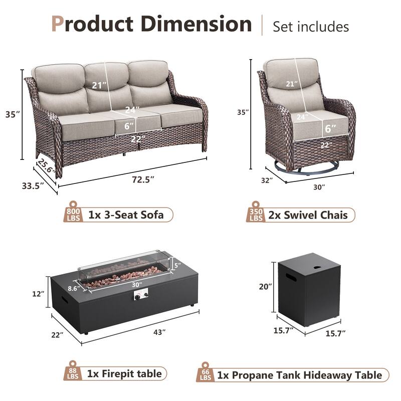 Pocassy 43 In Fire Pit w/ Outdoor Sofa Swivel Chair Ottoman Set