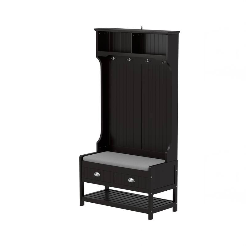 3-in-1 Hallway Hall Tree with 2 Storage Drawers, 4 Coat Hooks, Padded Bench Cushion, Entryway Shoe Rack with Top Shelves