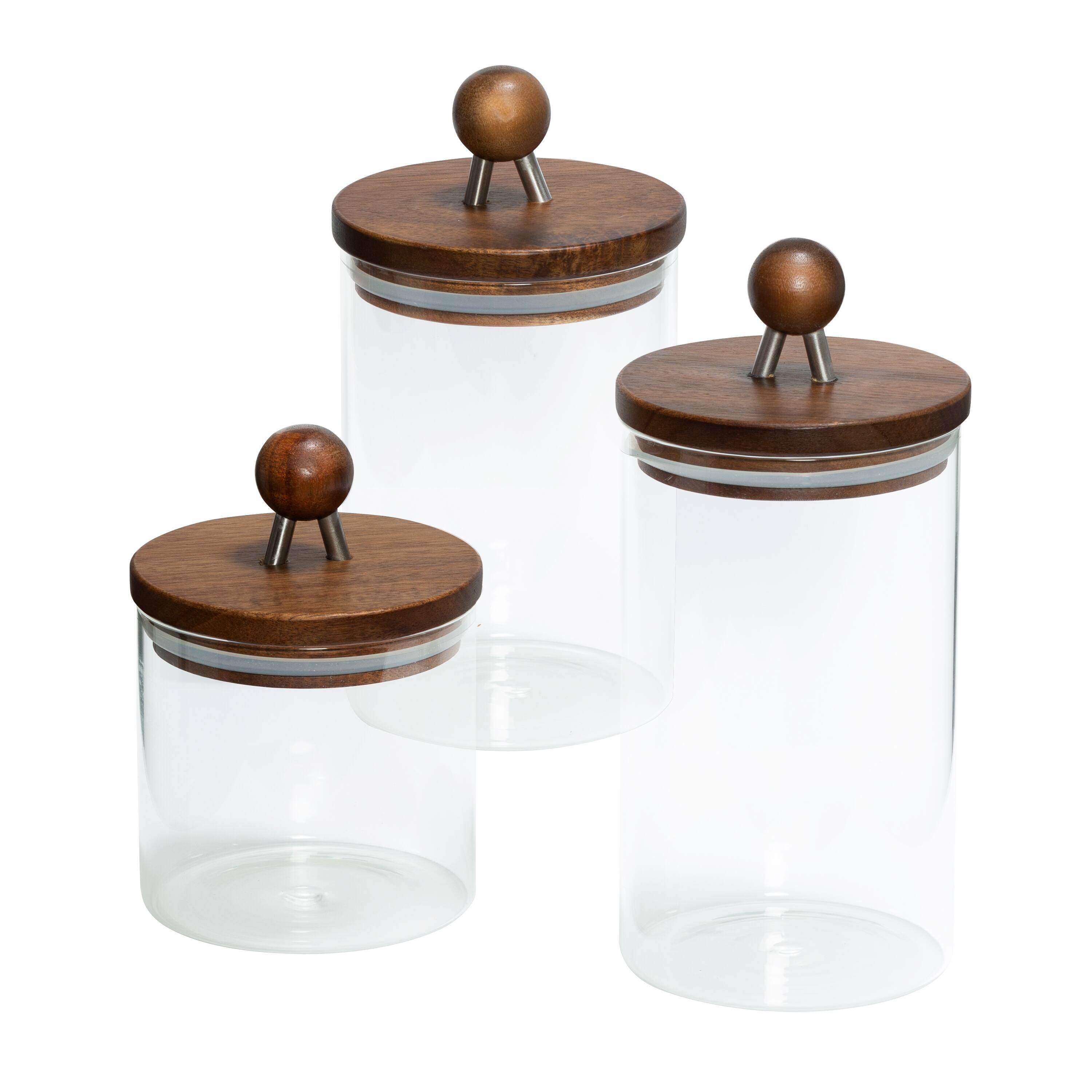 HoneyCanDo Set of 3 Acacia and Glass Kitchen Storage Canisters Bed