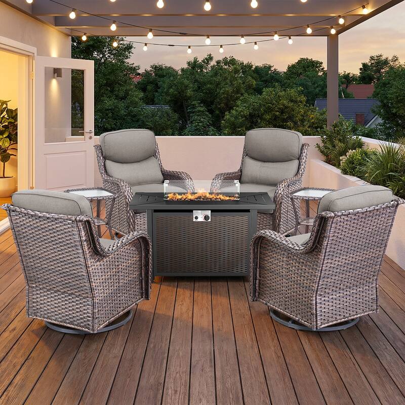 Pocassy 43" Fire Pit Table with Outdoor Swivel Chair Set - Brown Wicker Gray Cushion - 7-Piece Swivel Chair Table w/ Fie Pit Table
