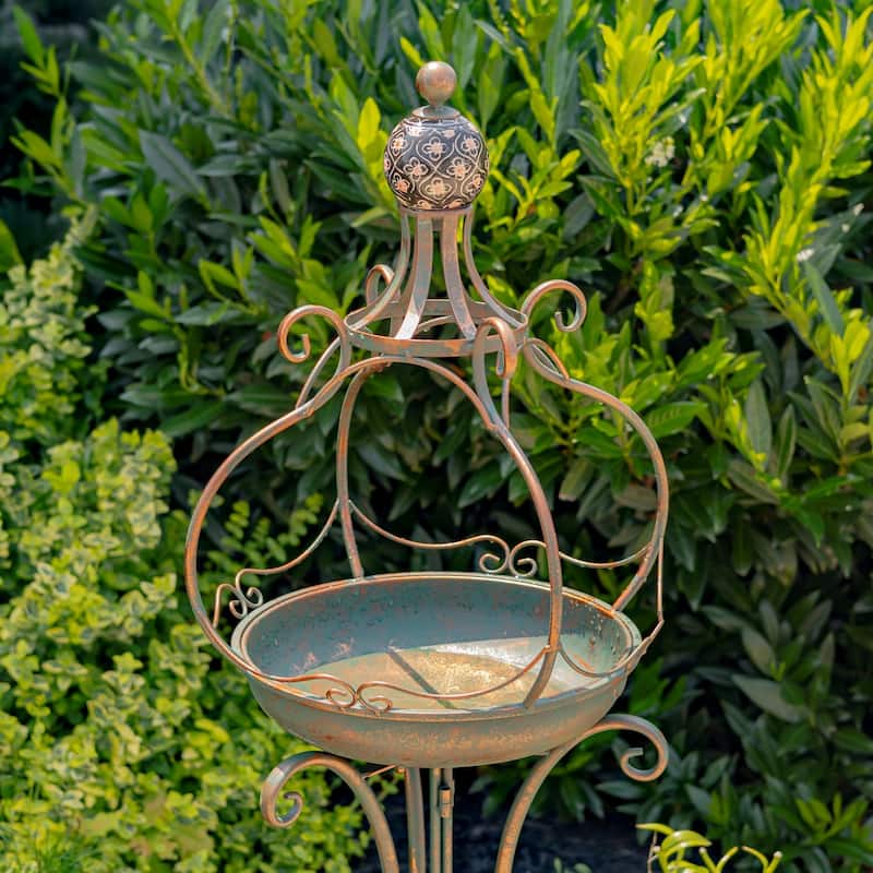 45 Inch Tall Standing Bronze Iron Birdbath with Ceramic Sailor Ball - 14.57x14.57x44.88
