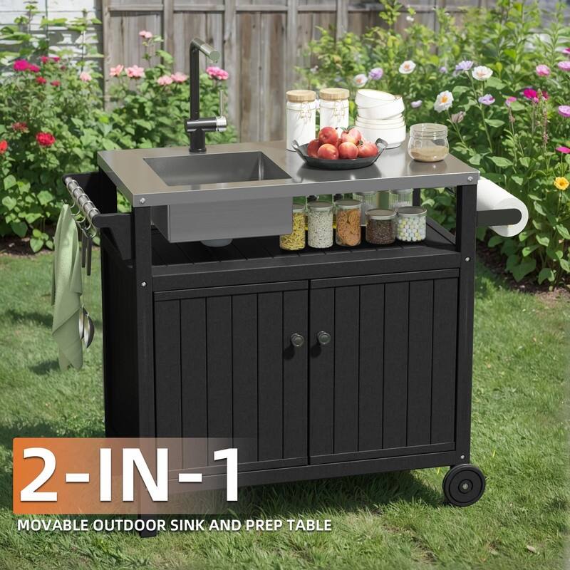 HDPE Outdoor Grill Cart with Sink,Cabinet and Cover, 42 inch Freestanding Modular Kitchen Sink Station in 304 Stainless Steel