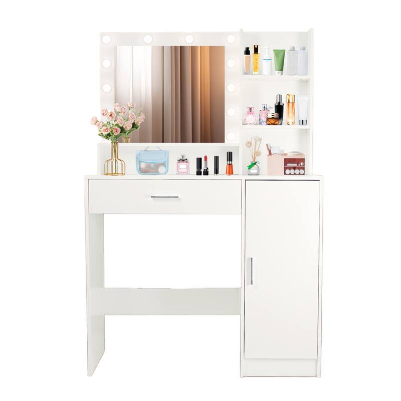 Makeup Vanity w/ Open Shelves, 3 Lighting Modes Adjustable Brightness