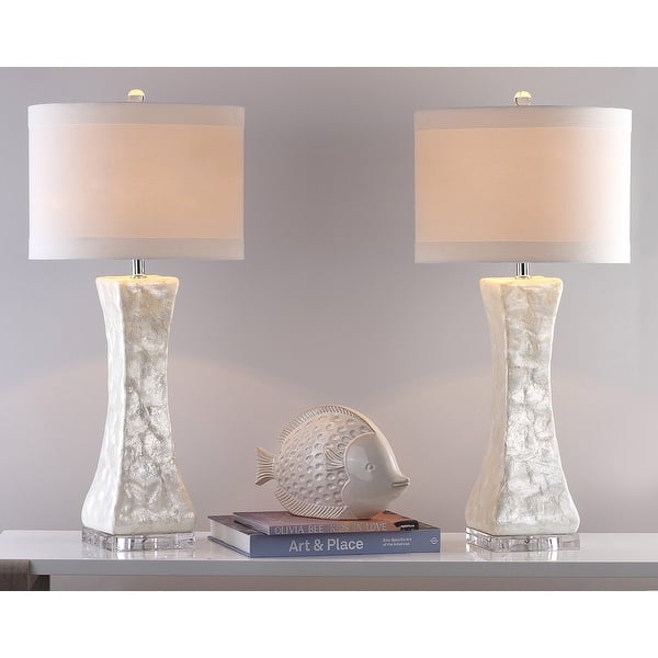 slide 2 of 14, SAFAVIEH Lighting 30.5-inch White Shelley Concave Table Lamp (Set of 2).