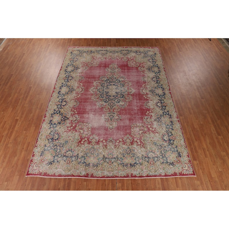 Distressed Pink Kerman Persian Antique Area Rug Handmade Wool Carpet - 9'9" x 13'3"
