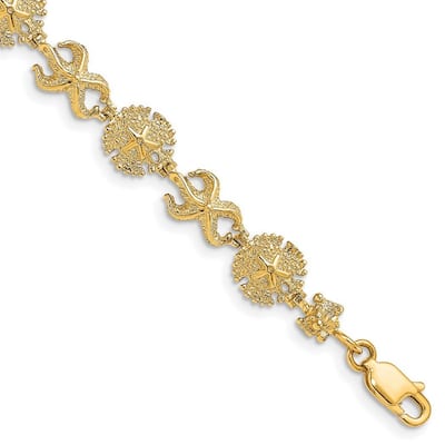 Curata 14k Gold Sea shell Nautical Starfish and Sand Dollar Bracelet 7 Inch