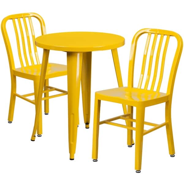 slide 1 of 4, Offex 24" Round Yellow Metal Table Set W/ 2 Vertical Slat Back Chairs - 24"W x 24"D x 29"H