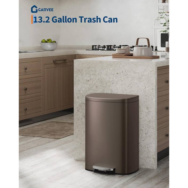 13 Gallon/50 Liter Large Kitchen Trash Can with Lid, Step-On Trash Can with Inner Drum