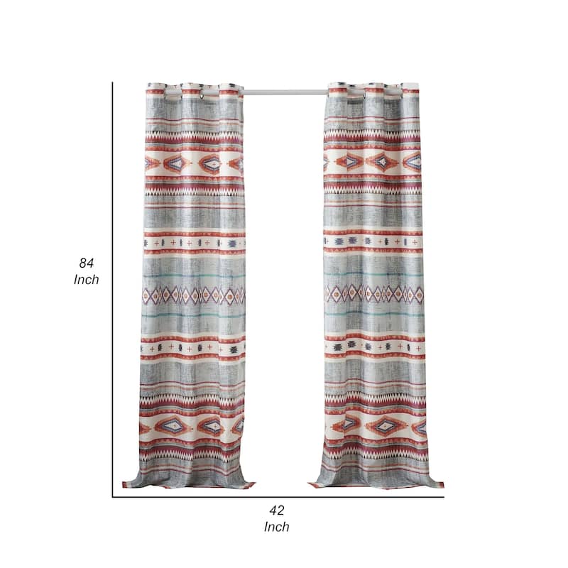 Pimi 2 Panel Curtain Set, Boho Stripes Red White Gray, Microfiber