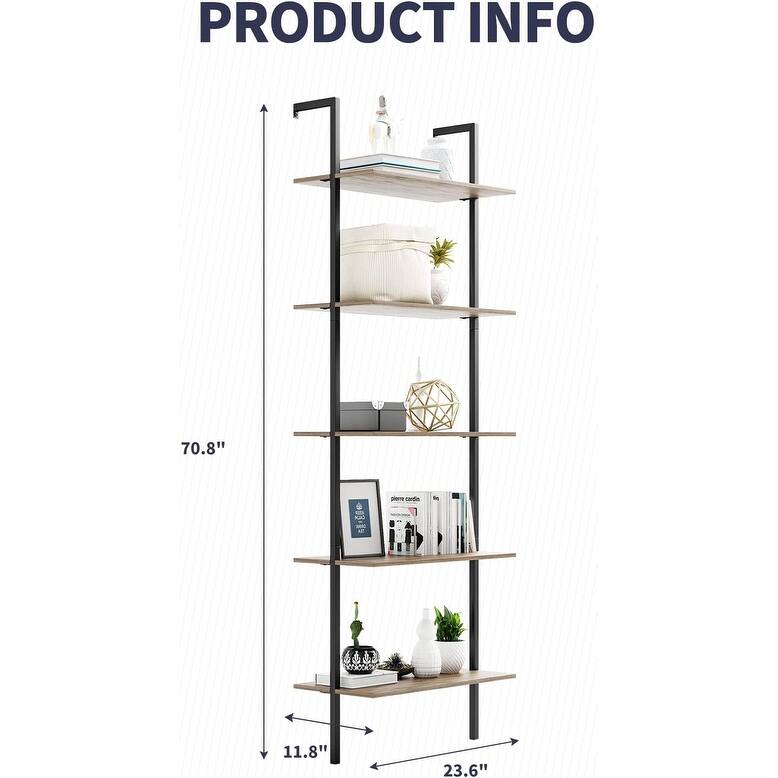 Mixoy Ladder Shelf,Standing Tall Wall Shelves with 5 Tier Metal Frame Clapboard,Open Bookshelf - 23.6"D x 11.8"W x 70.8"H